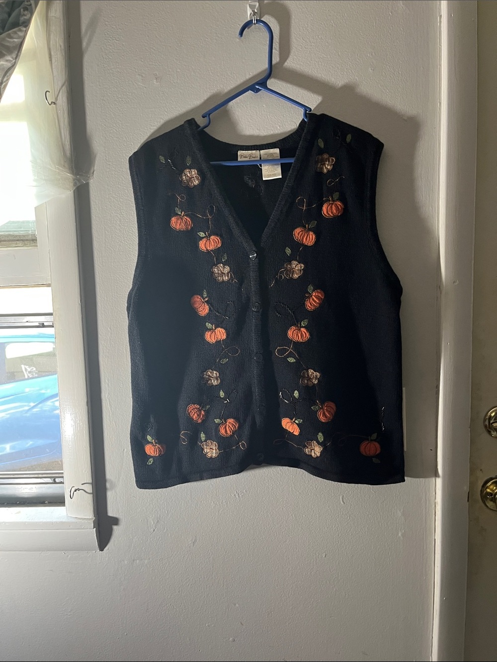 Bobbie Brooks Black Knit Vest with Orange Pumpkin Embroidery